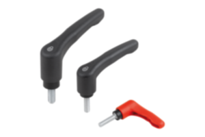 Clamping levers, plastic, with external thread and safety function, threaded pin blue passivated steel - inch